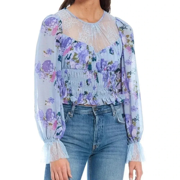 Free People Tops - Free People Daphne Blouse Silver Blue Combo Size LG NWT